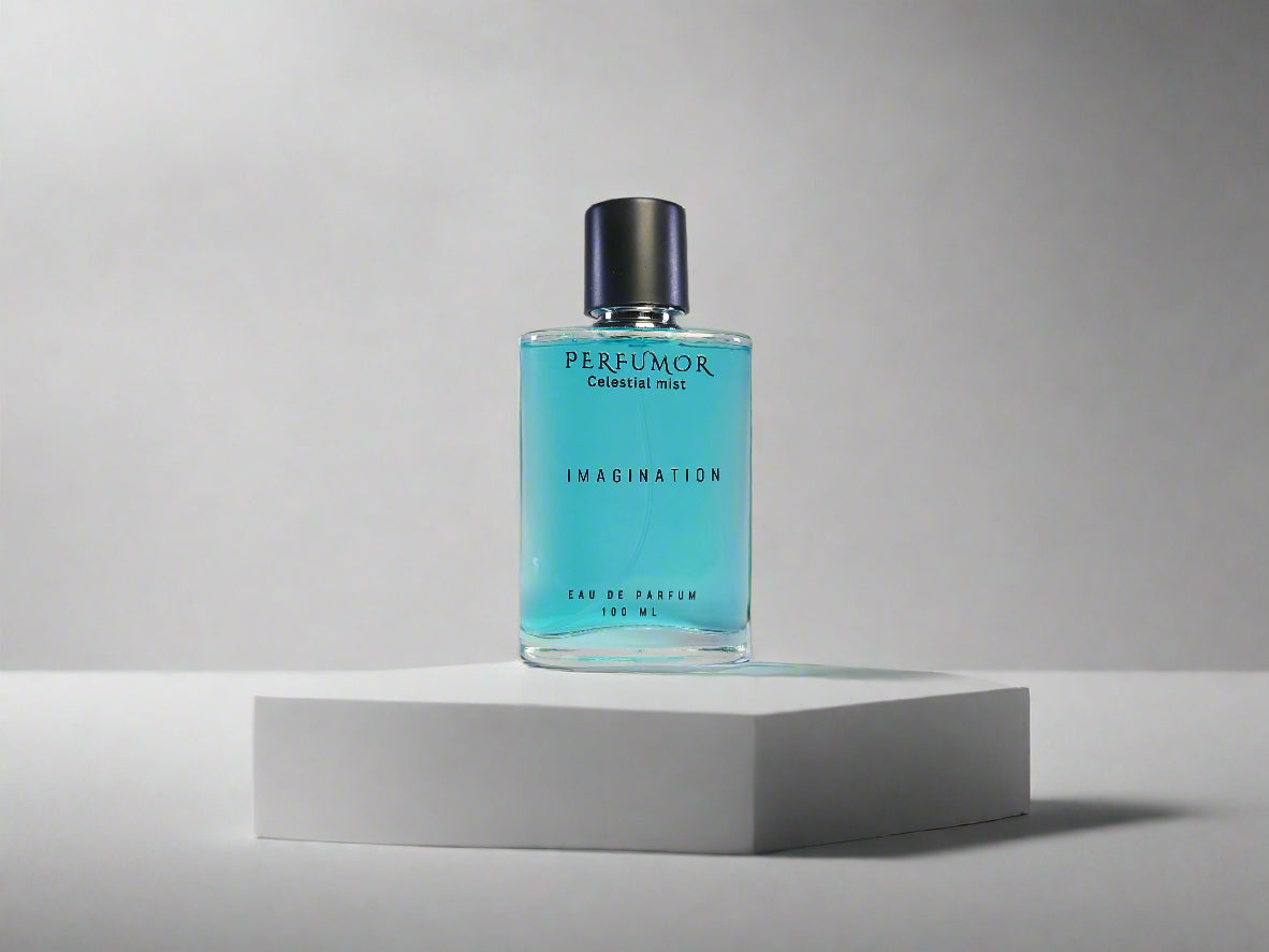 Perfume bottle labeled 'Imagination' on a gray background