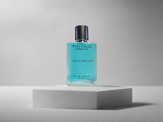 Perfume bottle labeled 'Imagination' on a gray background